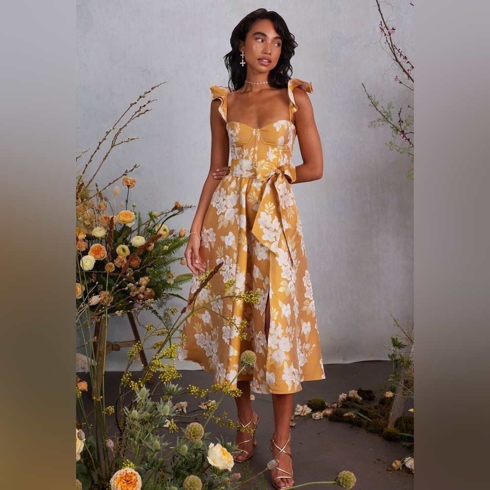 V. Chapman Vera Dress in Gold Baroque Floral Ruffle Strap Size 2